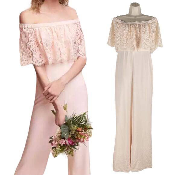 Theia BHLDN Mila Off the Shoulder Lace Jumpsuit Pink Braidesmaid Size 8 - Picture 4 of 13
